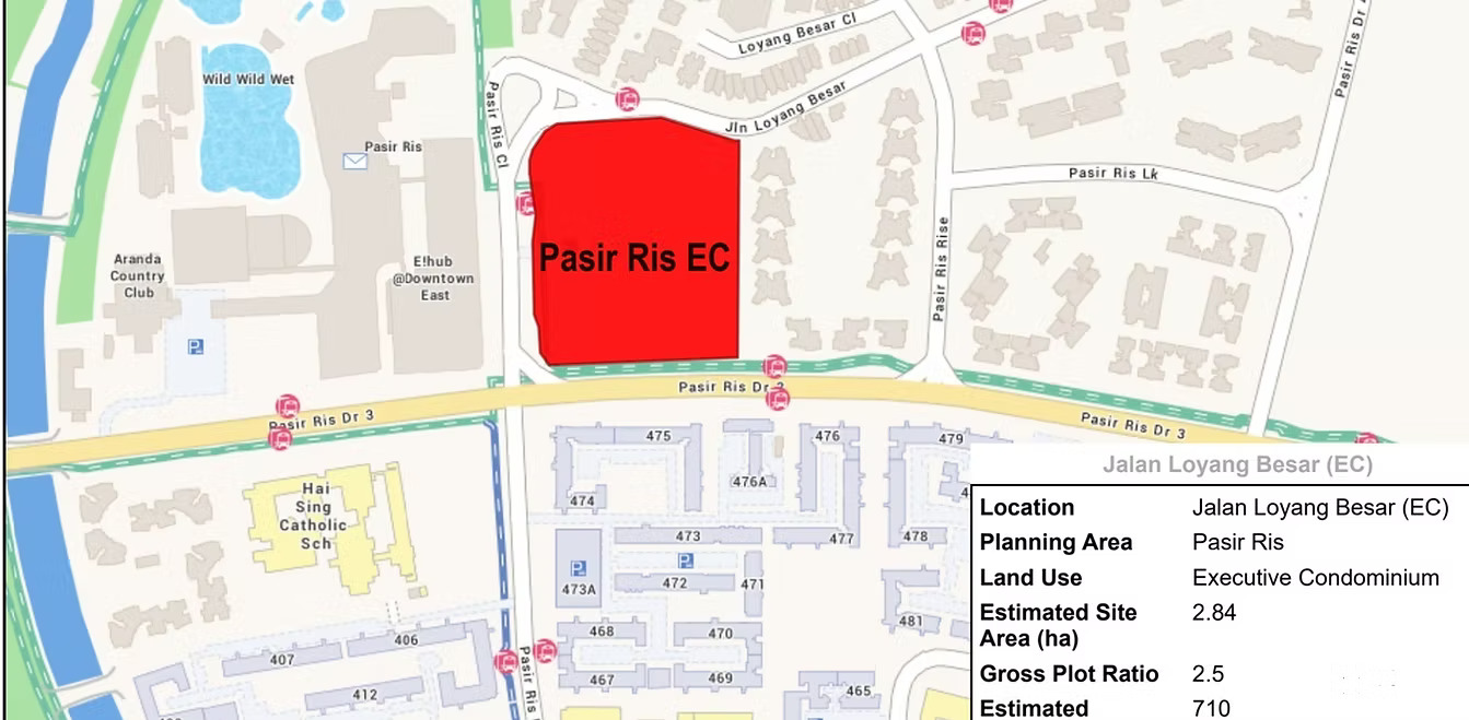 Coastal Cabana Pasir Ris EC map highlighting proximity to MRT, Downtown East, and Pasir Ris Beach