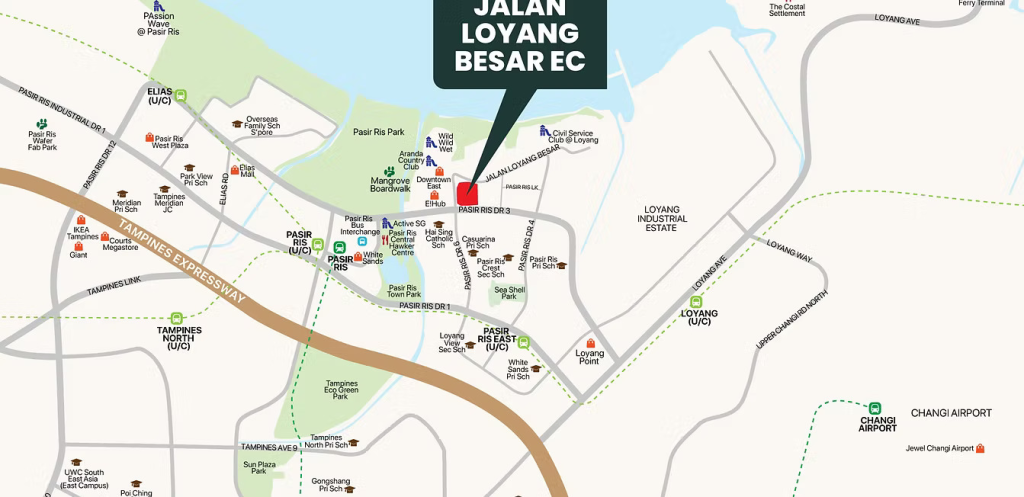Map overview of new Pasir Ris EC launch 2025 by Qingjian Realty near Pasir Ris Park and Beach
